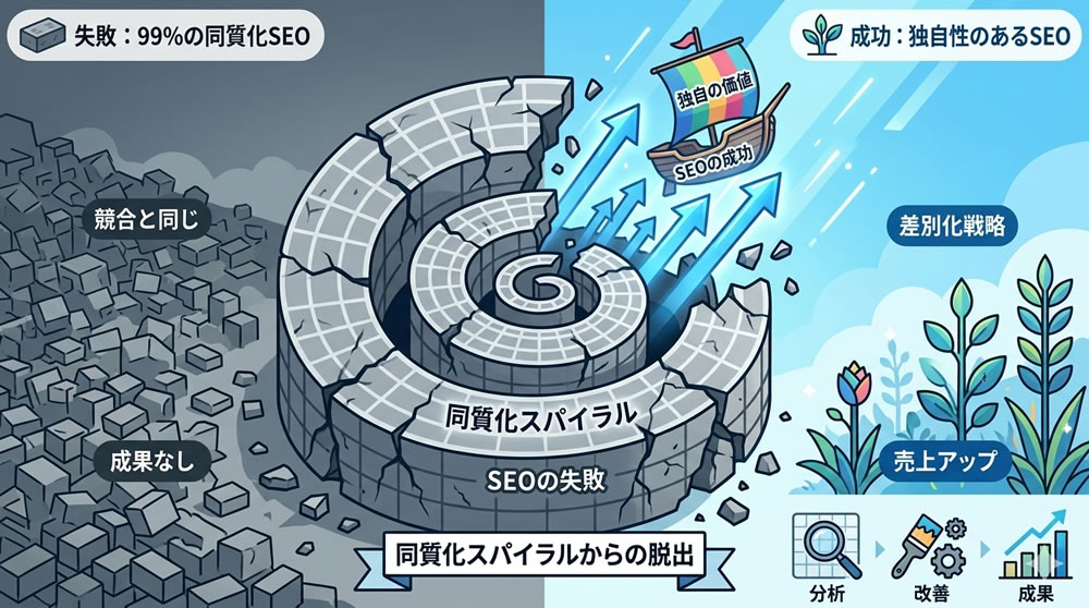 SEO対策の大失敗：99%が気づかない『同質化スパイラル』の抜け出し方